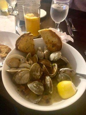 Steamed clams with sausage and garlic bread