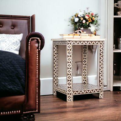 Timeless style, brown and white inlay accent table. Hand-crafted and unique.