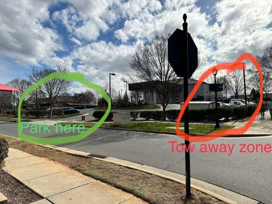 Parking spots across the street, pay attention to the signage !