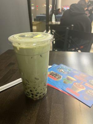 Matcha milk tea with lychee jelly and tapioca pearls