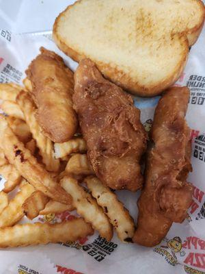 That's a 3 piece cod dinner, and Burnt  BBQ sauce on the fries.