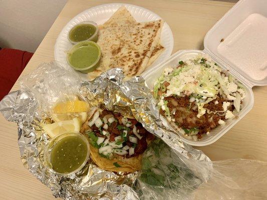 Cheese Quesadilla + Chorizo Sopes + Al Pastor Taco