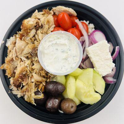 Chicken Gyro Bowl $14.95 Chicken gyro on a bed of rice with tomatoes, cucumbers, olives, onions, feta cheese, & El Greco sauce