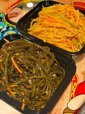 Seaweed salad and shredded potatoes salad