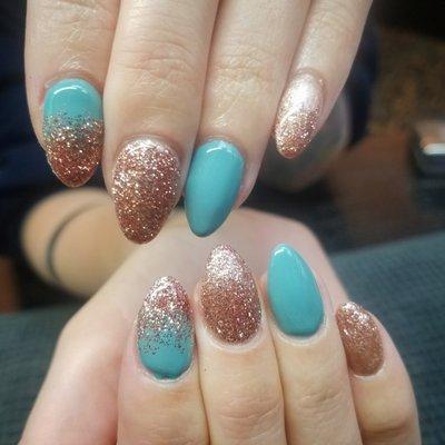 Hard Gel overlay with some beautiful teal and rose gold glitter.