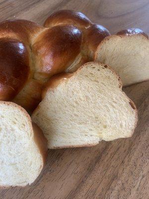 Challah slices -- soft, pillowy texture and rich delicious and nuanced flavor!