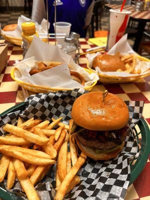 Mexican Burger, Kids Cheeseburger, Fries, Onion Rings and Horchata