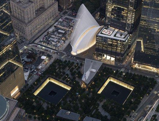 9/11 Memorial at night.