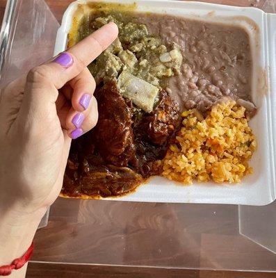 Plate lunch: chicken mole, green tomatillo stewed pork, rice, beans