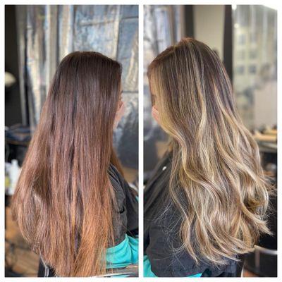 Long hair balayage, full head baby lights, then 3 toner melt. Long layer haircut and blowout with beach waves. Done by Renee