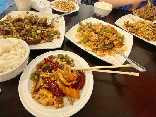 Kung pao beef, Sichuan chicken, and beef lo mein.