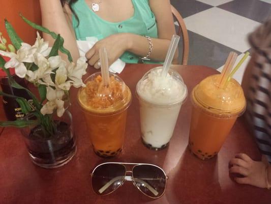 Ice thai tea boba, slushie thai tea boba and a lychee boba