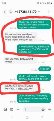 A text exchange between the reviewer and Big Tree Medical showing the agreement to pay $30 a month