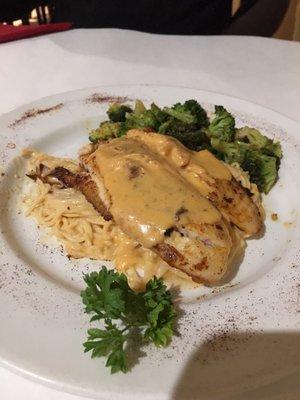 Grilled tilapia with side of seasoned vegetables (broccoli). Under $20 and yummy.