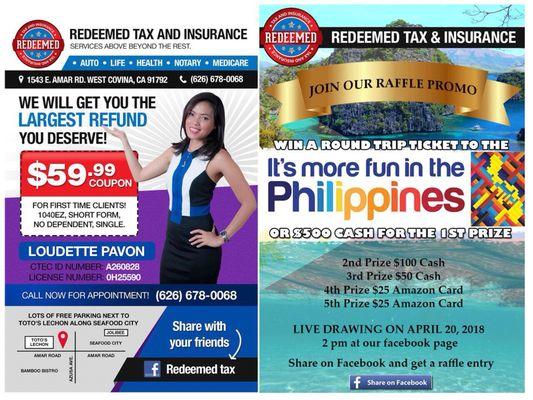 Free raffle for a client to Trip to Philippines or $500 cash and more cash prizes. Refer one get 3 raffle entry.