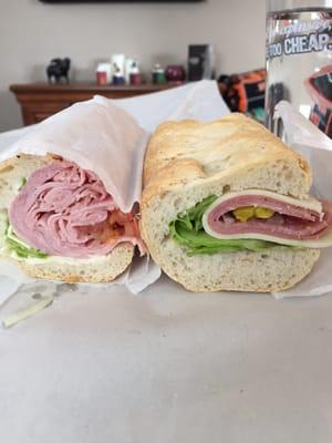 Ham hoagie on left, Italian on the right