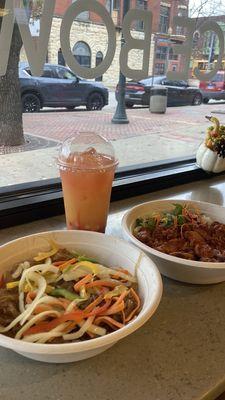 Orange dragonfruit with popping boba, japchae rice bowl, buldak chicken bowl