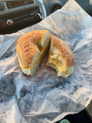 Egg and cheese on a cheddar bagel