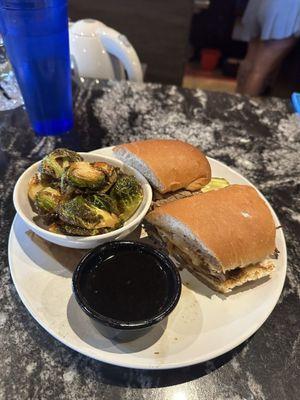 French Dip with hot honey Brussels sprouts