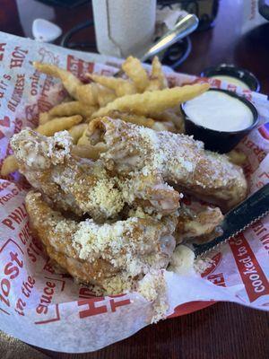 Chicken Tender Basket sauced with garlic Parmesan.