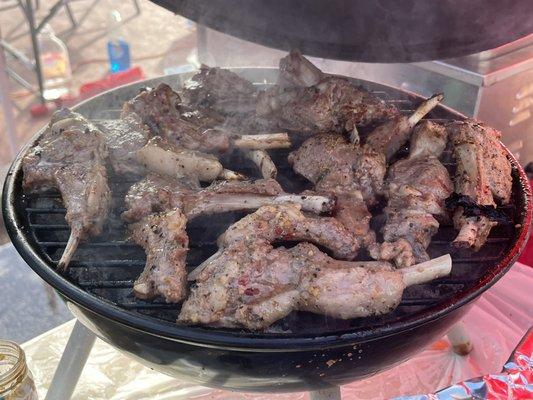 Marinated Lamb Chops smoking on the grill!!!