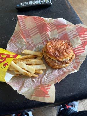 Crusty hard biscuit and meat, nasty soggy fries