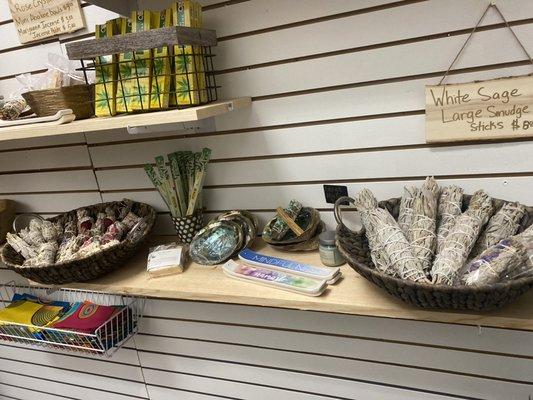 Large sage bundles, incense holders, large Abalone shells, palo santo