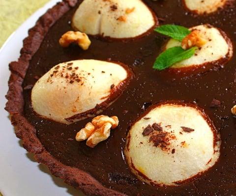 double chocolate tarte with pears and a ganache filling