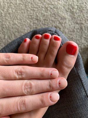 Red toe nails and beige with red dot