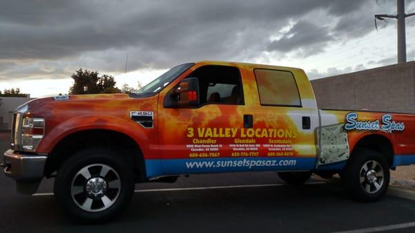 Sunset Spas in three locations, use SpeedPro Imaging for all their vehicle Wraps. Go to Sunset for the best quality spas in the valley.