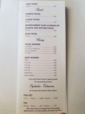 Facial prices, body and face waxing pricing along with eyelash extension pricing