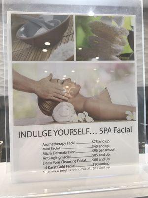 Spa services menu