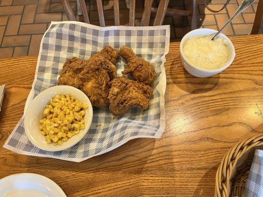 Southern Fried Chicken with two sides (grits and corn)