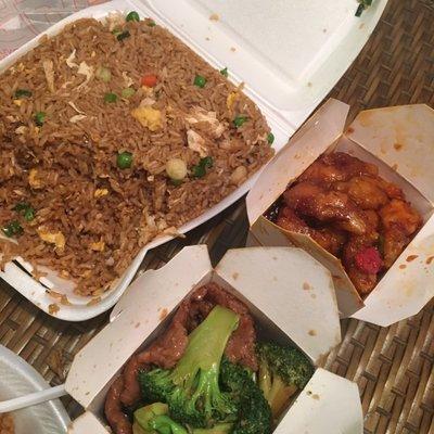 Shrimp fried rice, beef and broccoli, spicy orange chicken