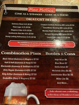 Beer menu