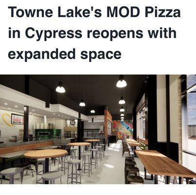 Boardwalk at Towne Lake announced March 9 the reopening of MOD Pizza (3.12.22)