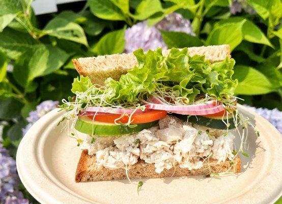 Chicken salad on fresh baked oatmeal bread