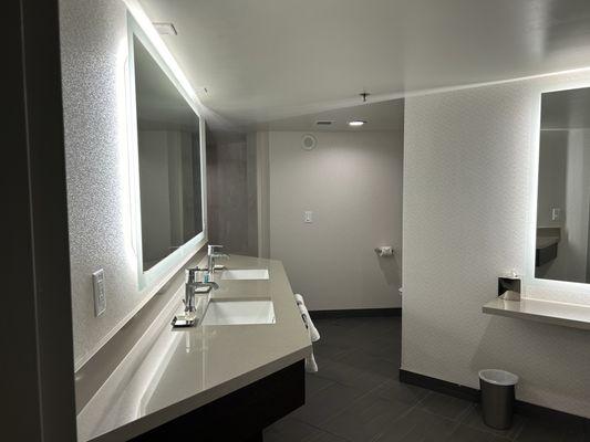 Spa suite bathroom. Makeup mirror with a stool, double sinks with a shelf underneath, shower just past sinks.