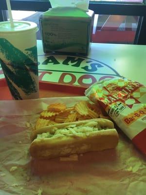 Cheese dog and bbq chips