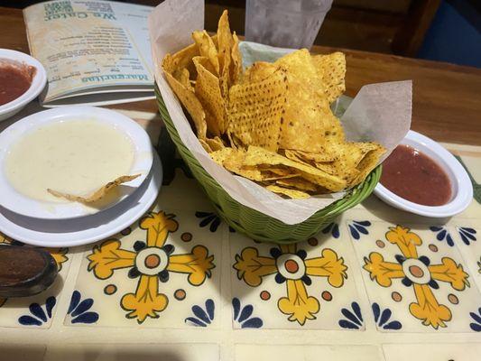 Tortilla chips, queso, and salsa as soon as you sit down fresh and hot