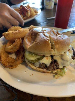 California Burger with onion rings.