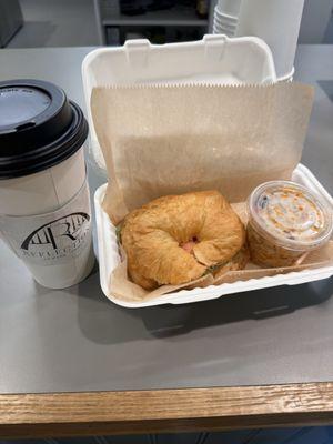 Chicken salad croissant sandwich with bow tie pasta  Ordered salted caramel latte