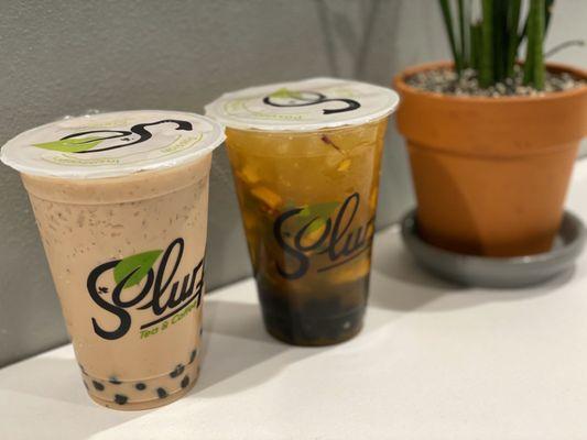 Signature milk tea with boba (regular) & tropical mango green tea with boba (regular)