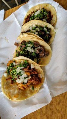 Barbacoa, lengua, carne asada, and chorizo tacos