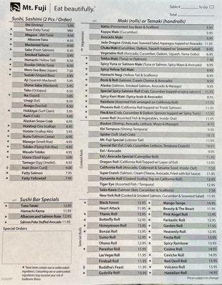 Sushi and Sashimi, & rolls menu.  October 2024.