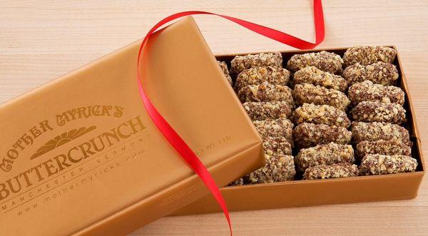 Buttercrunch, our most popular candy, is a crisp toffee center dipped in chocolate & rolled in crushed almonds & cashews!