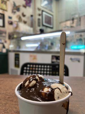 Hot fudge on top of Heath Toffee ice cream