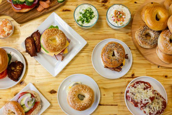 Bagels, cream cheese Schmear's, sandwiches, potato pancakes and even a pizza bagel!! Oh yes!