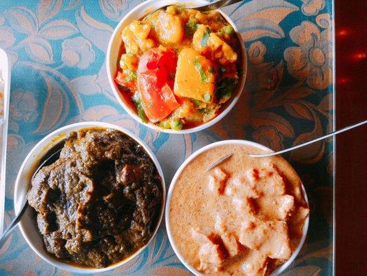 Chicken saag, veggie marsala and chicken korma