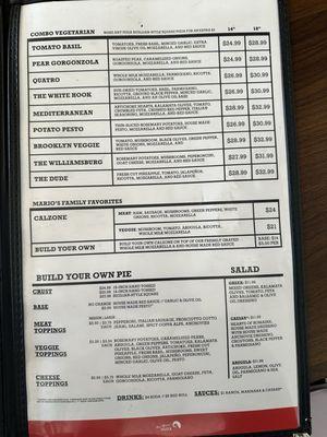 Pizza menu